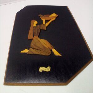 Vintage Wood Art Plaques Carved Inlay Women Bread Decor Wall Hanging Isreal